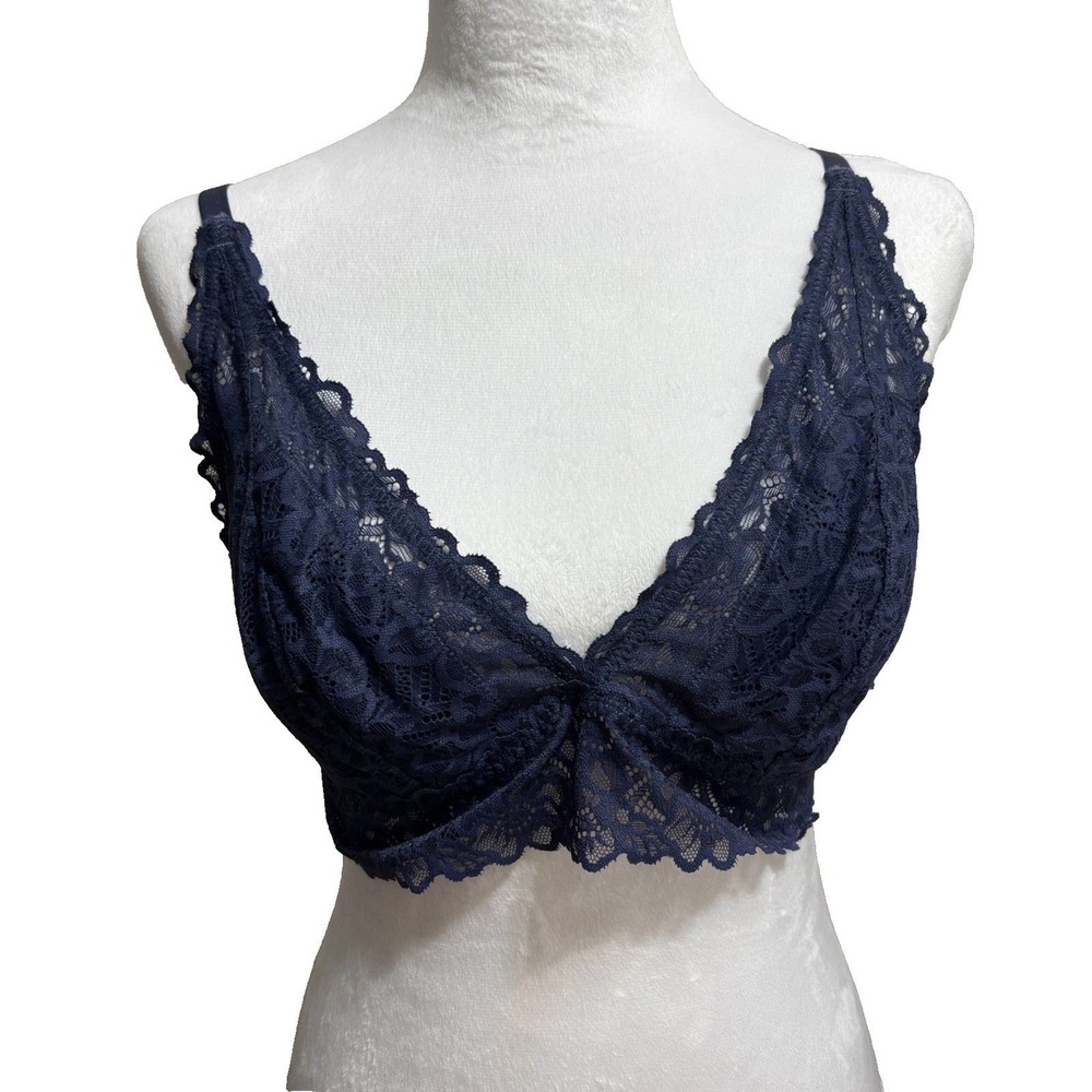 Aerie Lace Bralette Womens L Navy Strappy Cage Back V-Neck Festival Layering